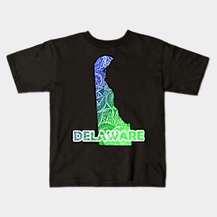 Colorful mandala art map of Delaware with text in blue and green Kids T-Shirt